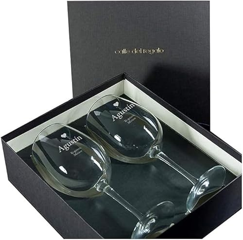 CALLE DEL REGALO Pack de dos Copas de vino personalizadas | Copas de vino de cristal de 58 cl | Estuche incluido | Personalizadas con nombre y dedicatoria grabado | (CORAZÓN, 2 COPAS CON ESTUCHE)