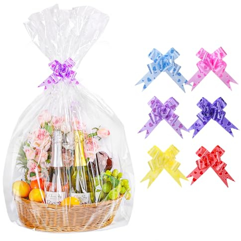 6 PCS Extra Large Cellophane Bags for Hampers, 30X40 Hamper Wrapping Cellophane Hamper Cellophane Wrap and Bow for Gift Basket Birthday Wedding Graduation