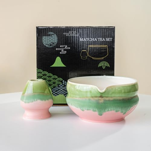 YlobdolY Set di frusta e ciotola in ceramica con scatola regalo nera, tradizionale fatto a mano scanalato a righe, in porcellana smaltata, set di ciotole per mescolare il tè giapponese, per sbattere