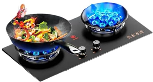 THEGA Fornello A Gas da Incasso A 2 Fuochi, Kit Cucina da Campeggio da 5,0 KW, Portapentole in Ghisa con Vetro Temperato da 73 Cm, con Protezione Anti-spegnimento(NG)