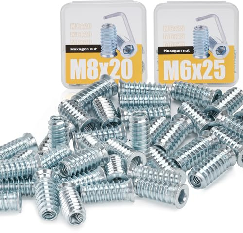 40 Stück Einschraubmuttern M6 & M8 (20xM6x25mm + 20xM8x20mm) Verzinkt im Aufbewahrungsbox für Holzmöbel - Gewindeeinsätze aus Zinklegierung