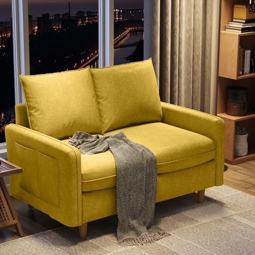 Meeyar 2-Sitzer Sofa, 147 cm Kleines Sofa mit Seitentaschen, Modernes Lounge-Sofa aus Kurzplüschstoff, Abnehmbare Bezüge, Bequemes Loveseat für Wohnzimmer und Schlafzimmer, Gelb