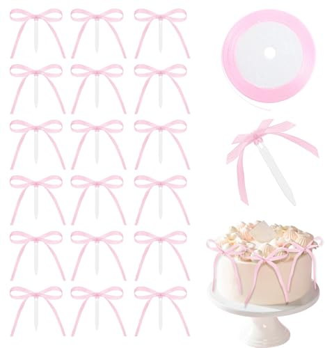 Classicseali Pink Bows for Cake,24 In Ribbon Cake Bows, with 12 Inserts, Bow Cakes Decorations, for Wedding, Anniversary, Bridal, Baby Shower, Bachelorette Party Supplies