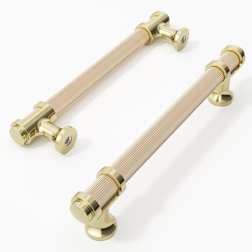 FURNIWARE 10 Stück Schrankgriffe Gold, Schranktürgriffe 128mm Lochabstand, Farbig geblockte Möbelgriffe, Griffe mit Linienmuster, Türgriffe für Küchenschränke, Schränke, Schubladen, Kleiderschrank