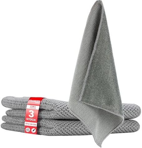 Franken Group Panni in microfibra su entrambi i lati, morbidi e abrasivi (ruvidi), colore grigio, 3 pezzi, 30 x 30 cm, assorbenti e privi di pelucchi, panno in microfibra per casa, auto e vetro, panno