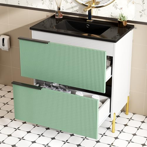 Kebnor Badezimmer Waschtischunterschrank mit Keramik Waschbecken, Einzelwaschtisch mit Schubladen aus MDF, Stehendes Bad-Schrankorganizer mit Becken, Grün
