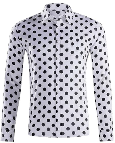 Camisa de Manga Larga para Hombre, Color Blanco y Negro, diseño de Lunares, clásico, Oficina, Fiesta, Noche, Festivo, con Botones, Corte Ajustado, Mezcla de algodón n19