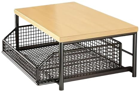 Generisch Eisen Gewürzregal, Küchenregal Mit Schubladen, Tafelobst- Und Gemüseregal Mit Holzplatte, Gemüseregal Für Die Küche, 37 × 26 × 18 Cm, Black
