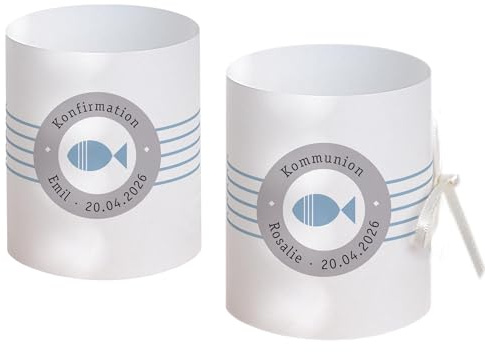 Tischdeko personalisiert für Kommunion, Konfirmation, Taufe - Firmung Motiv Fisch grafisch - grau blau