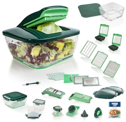 Genius Nicer Dicer Chef 34-in-1 Multifunktions-Profi-Gemüseschneider mit Glasschale und Tomatenschneider | Teigwaren, Scheiben, Streifen, Spiralen, Julienne