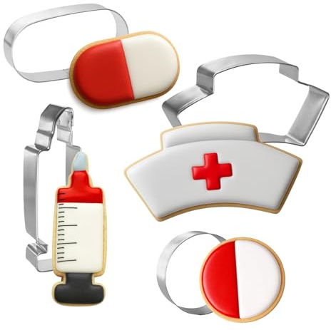 Foose Cookie Cutters 4 Piece Nurse Cookie Cutter Set Hat, Syringe, Circle Pill, Oval Tablet, USA