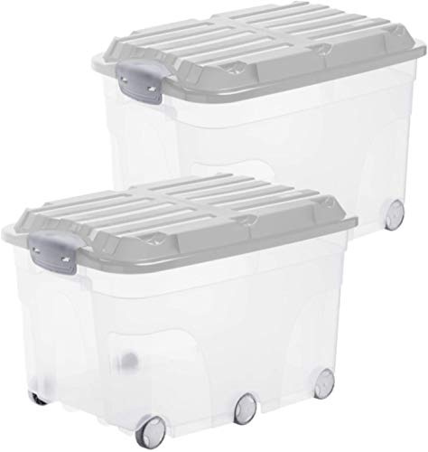 Rotho Roller 6 Aufbewahrungsbox mit Deckel 57 L 2er-Set transparent grau | Transparente Rollboxen 60x40x37 cm - Kunststoff Spielzeugkiste & Lagerbox - Stapelbare Kiste für Keller & Garage