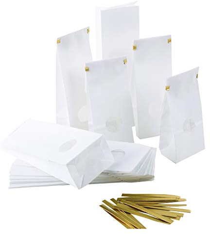 Logbuch-Verlag 25 weiße Papierbeutel MIT FENSTER Papierbeutel innen beschichtet für Lebensmittel Tee Nudeln Gewürze Gebäck 8 x 5 x 24,5 cm