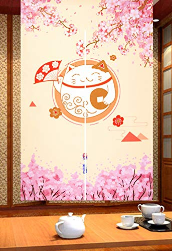 LIGICKY Japanische Stil Dick Noren Lang Vorhänge Raumteiler Türvorhang Raumteiler Tapisseri für die Heimtextilien, Gelb 85 x 150 cm (Fortune Cats und Kirschblüte)