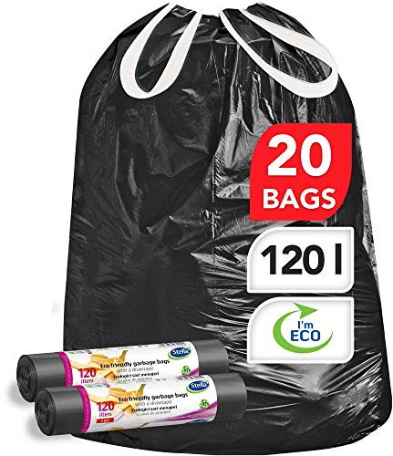 Stella Pack Müllbeutel 120l Mit Zugband Schwarze Müllsäcke Mülltüten Robust Recyclebar Extra Stark Ideal Für Müllsack Heavy-duty Flexibel Und Nachhaltig, für den Hausmüll, und reißfest