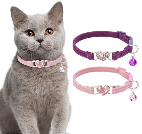 BINGPET Katzenhalsband mit Glöckchen, 2 Stück, Herz-Bling-Halsband Sicherheit mit weichem Samt, verstellbar für Kätzchen, lila, rosa