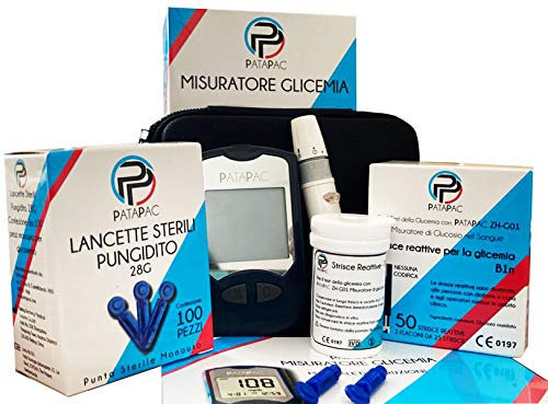 PataPac - Glucometro Kit completo - Diabete kit - Misuratore per Glicemia, con 110 Lancette, 60 Strisce Reattive, Glucometro, Penna Pungidito e Astuccio