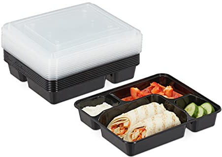 relaxdays Meal Prep containers, Lot de 10, 4 Compartiments, 1000 ML, Micro-Ondes, boîte Alimentaire avec Couvercle, Noir