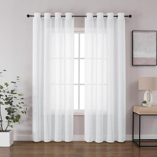 CUCRAF Voile Gardinen Leinenoptik Weiß mit Ösen Vorhänge Halbtransparent für Schlafzimmer Wohnzimmer H260 x B140cm 2er Set