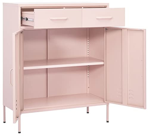 Tidyard Sideboard Beistellschrank Lagerschrank Standschrank Kommode Metallschrank Mit 2 Türen 2 Schubladen Stahl Rosa 80x35x101,5 cm
