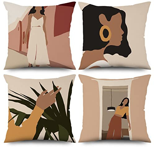 ASDCXZ Boho Kissenbezug 40x40 cm 4er Set, Modern Abstrakt Mode Mädchen Blätter Sofa Kissen Bezug Dekokissen Kissenbezüge Kissenhülle Waschbar Polyester Flachs Textil Outdoor Polster Kopfkissenbezug