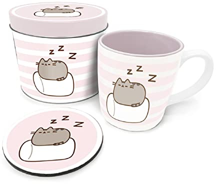 Pusheen Tasse und Untersetzer Set in Pusheen Geschenkdose (Marshmallow Design) 315ml Keramik Becher - Offizielles Lizenzprodukt