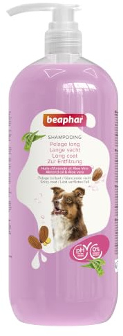 BEAPHAR – Shampooing Essentiel Pelage Long pour Chien – Extra-Doux – Pelage Brillant – Anti-Noeuds – Contient Huile d'Amande et Aloe Vera – sans parabène ni Silicone – pH Neutre – Produit Vegan – 1L