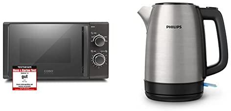CASO | M20 EASY Mikrowelle & Philips Wasserkocher – 1.7 L Fassungsvermögen mit Kontrollanzeige, Edelstahl, Pirouettenbasis (HD9350/90) 2200 Watt, ‎23 x 15.6 x 24.3 cm, Schwarz (EU-Stecker)