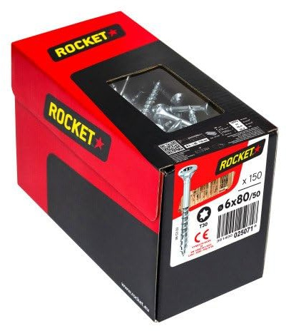 Vis à bois aggloméré ROCKET acier zingué tête fraisée empreinte Torx T30 partiellement filetées 6x80/50 boîte de 150 p
