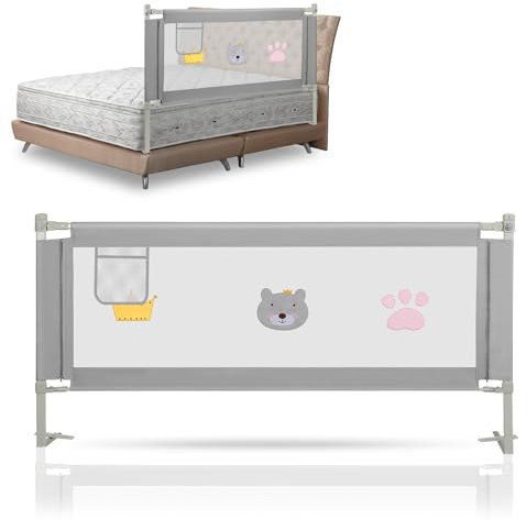 Eulenke 150cm Bettgitter, Bettschutzgitter für Kinderbett, Höhenverstellbar von 70-98cm, Rausfallschutz Bett für Kleinkinder, Kinderbett-Gitter, bettgitter rausfallschutz, Grau