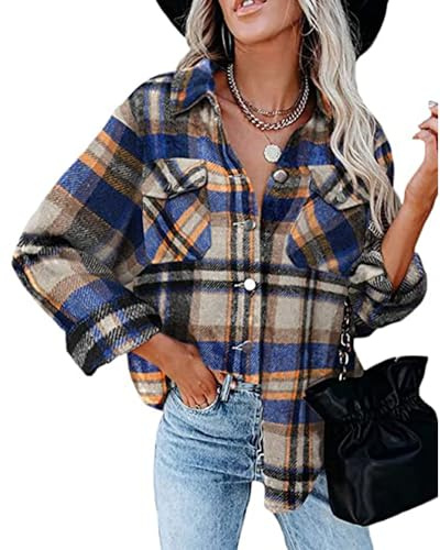 Iris Sprite Damen Hemdjacke Karierte Shacket Langarm Hemd Flanell Kariertes Hemd für Damen(Blau, X-Large)