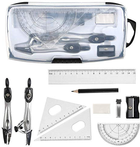 BOPHIS Mathematik Geometrie Set 10 Stück Geometrieset, Lineal Set Mathe Set Kompass Zirkel und Winkelmesser Lineal und Zeichendreieck Set mit Aufbewahrungsbox für Schule Mathematik