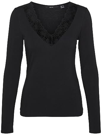 VERO MODA Blusa para Mujer Slim Fit V-Cuello Detalle Encaje básico Manga Larga, Negro, L