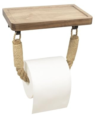 Toilettenpapierhalter mit Ablage Klorollenhalter Nussbaum Holz Wand Montiert WC Papier Halterung für Badzimmer Schwarz
