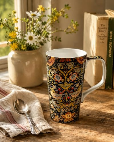 Rainbow Decors William Morris Strawberry Thief Black Yellow Mug 500 ml Fine Bone China Large Latte Arts Crafts Art Nouveau Style Cup Hand Decorated UK