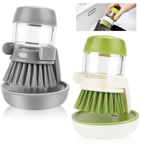 Byffor Spülbürste,Spülbürste mit Spülmittelspender, 2er Pack multifunktionale Druck-Küchenbürste, Spülbürsten-Set mit Sockel für die Reinigung von Töpfen, Geschirr und Spüle