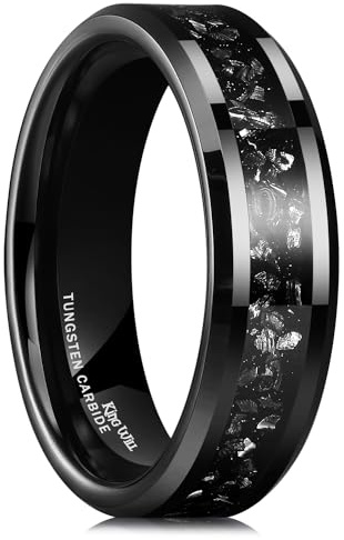 King Will Men's 6mm 8mm Black/Silver Tungsten Carbide Wedding Ring with Blue, Red, Gold, Purple Fragment Inlay, Beveled Edge