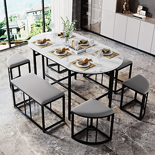 Ymkua Esstisch mit 6 Stühlen, Küchentisch Set, Esstisch Set 6 Personen, Esstischset mit 6 Stühlen, Esstisch Set rund, Küchen-Esstisch für Esszimmer Küche Wohnzimmer, Schwarz Essgruppe mit Gepolstert