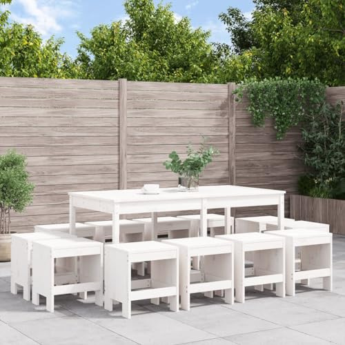 WEMYUFURN 13-TLG. Garten-Essgruppe Weiß Massivholz Kiefer, Outdoor-Sitzgruppe, Terrassen-Lounge-Set, Garten-Couchgarnitur - Wetterbeständig, Komfortabel - für Terrasse, Garten und Balkon