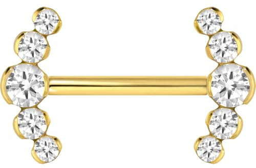 PIERCINGLINE Titan Barbell mit Push Fit 5 KRISTALLE Brustwarzenpiercing Nippelpiercing Goldfarben 1,6 x 14 mm