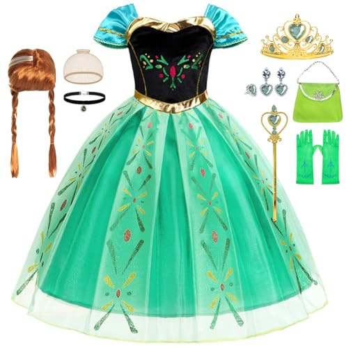 Tyidalin Disfraz de Princesa Anna para Niñas con Peluca Vestido Verde para Fiesta Carnaval Halloween Cumpleaños Navidad