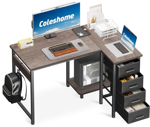 Coleshome Small Corner Desk with Drawers for Home Office, 100x70 cm, Grey | Reversible L Shaped Computer Desk for Small Spaces, Easy Assembly Design