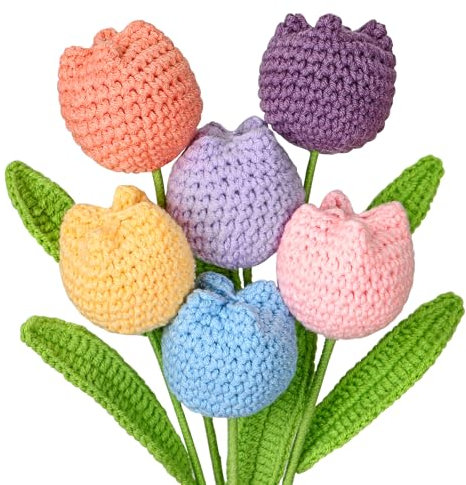 DEMIUKO 6PCS Artificial Crochet Flowers Tulips Cotton Knitted Flowers Bouquet Soft Finished Handmade Crochet Tulipanes Fake Tulip Floral Gift for Girls Friends Women Birthday Vase Decor