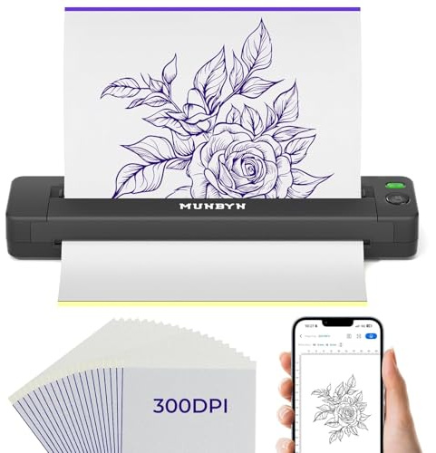 MUNBYN 300DPI Stampante Stencil Tattoo ITP06, 2600 mAh Stampante Termica Tattoo Wireless con 20 Pezzi di Stencil per Trasferimento, Compatibile con Smartphone e PC, Per Tatuatori e Principianti