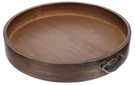 PRETYZOOM Bamboo Serving Tray Retro Storage Plate Metal Handle Decorative Home Accessory Round Trays for Kitchen