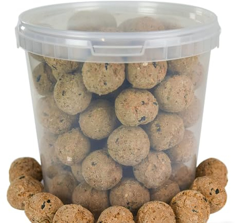 BusyBeaks Bolas de Grasa Premium para Aves Silvestres, Fórmula Mejorada Todo el Año, Mezcla Natural Alta en Energía y Proteínas, Rica en Grasas, Fibra y Humedad (Tarrina de 2.5L)