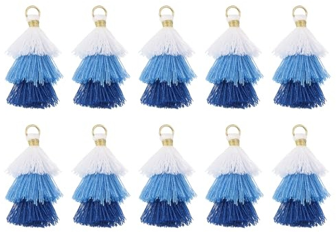 QUARKZMAN 10 Stück Winzige Dreischichtige Quasten 1,6 Mini Taschenanhänger Böhmische Handgefertigte Quasten Schlüsselanhänger für DIY Projekte Schmuckherstellung (Weiß/Blau/Dunkelblau)