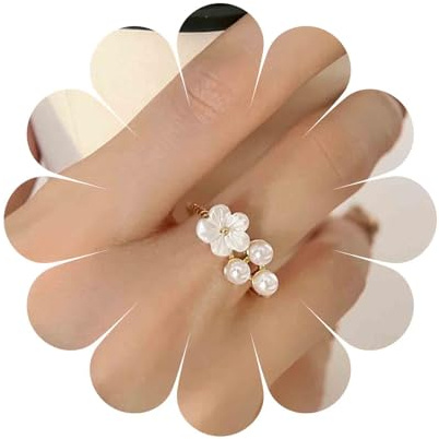 Aneneiceera Vintage Pearl Band Ring Half Open Flower Pearl Ring Gold Pearls Finger Ring Adjustable Statement Ring Jewelry for Women