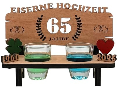 mtb more energy Schnapsbank mit Gravur Eiserne Hochzeit aus Holz - tolle Geschenkidee zum 65. Hochzeitstag oder für Geldgeschenk zum 65. Hochzeitsjubiläum - inkl. 2 Schnapsgläser