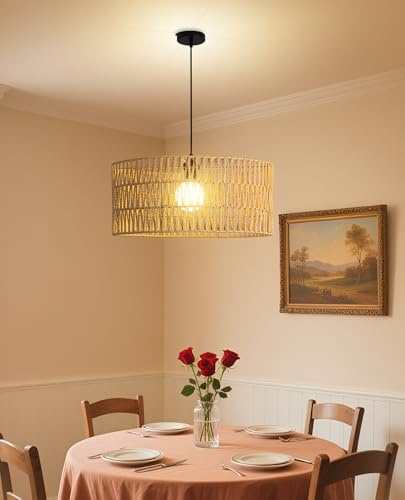 JAYNLT Rattan Lampe - Boho Pendelleuchte Esstisch, E27 Rattan Deckenlampe Hängend, Vintage Decken Hängeleuchte für Schlafzimmer Küche Wohnzimmer - Ø50cm